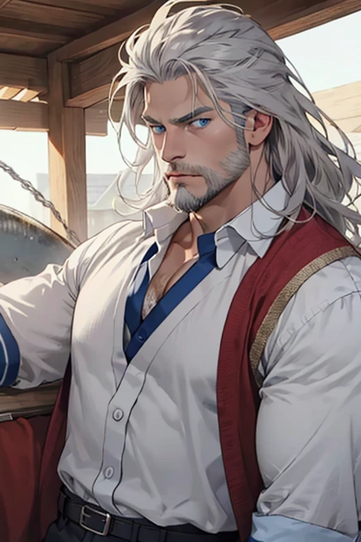 Viking-liked, middle-aged, long grey hair, grey beard, strong, clam, blue eyes, handsome man, white shirt, anime style.