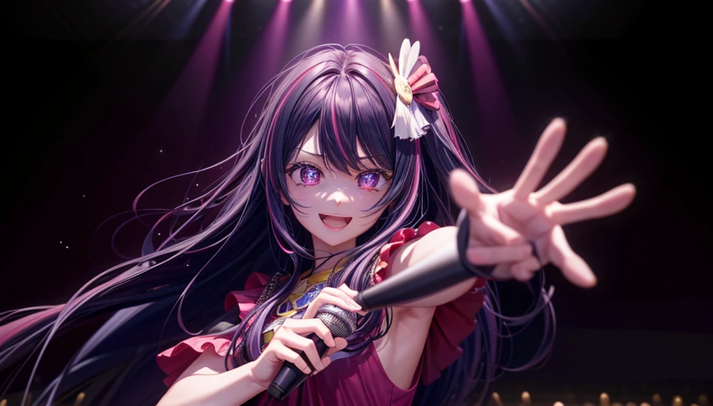 Hoshino Ai, long hair, purple hair, streaked hair, purple eyes, star-shaped pupils, hair ornament, in the concert stage with a view towards the audience, audience with purple and pink lights, is singing with his hand holding the mic, smile face with open mouth, from front side, BREAK, quality\(8k,wallpaper of extremely detailed CG unit, masterpiece,hight resolution,top-quality,top-quality real texture skin,hyper realisitic,increase the resolution,RAW photos,best qualtiy,highly detailed,the wallpaper,cinematic lighting,ray trace,golden ratio\),long view