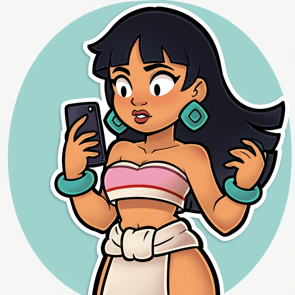 score_9_presence, score_8_up, chel, el dorado, wrapped in towel, medium breasts, holding phone