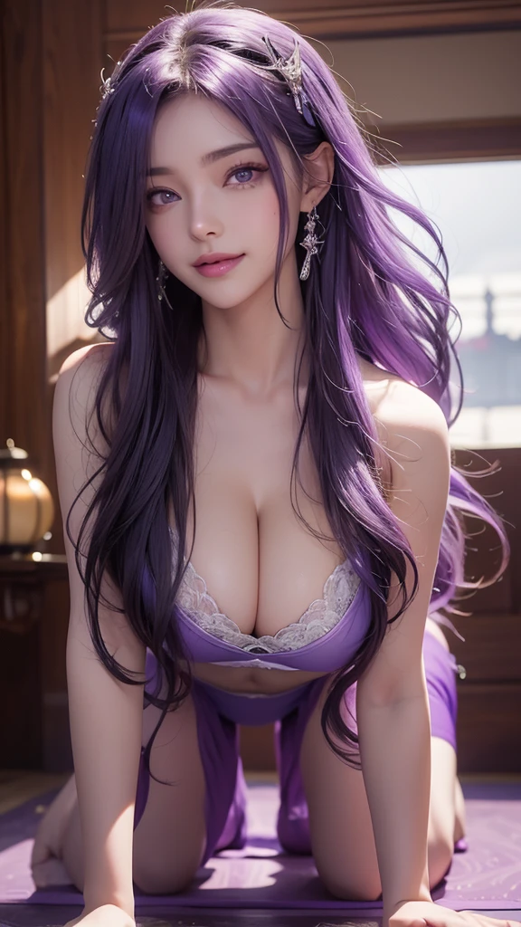 masterpiece, Highest quality, Very detailed, Facing the camera, Very detailed, practical, Uniqueness, Very detailed, Stay focused, Perfect Face, Perfect Face, Perfect symmetry、Perfect Eyes, Lots of purple eyes,Perfect Plump Lips, Wicked Smile,Flexible female form, , lamp, Very detailedな, hyper practical, masterpiece, atmosphere, High resolution, Lively, Happy expression, Long Curly Hair, Purple hair and purple eyes, Upper Body,Huge breasts,Extra large chest,Breast close-up,Nipple close-up, In the open-air bath,View from above,Sexy Face,Her face was full of ecstasy,Expressions of sexual desire, Looking at the audience,Translucent skin-colored yoga wear,Doing yoga,Succubus,Noise々Shii,show panties, On all fours, Showing her ass from behind