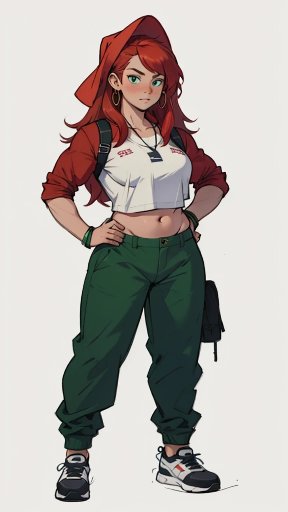 European and American cartoon characters, design de personagem original, hand-drawn sketches, 1 girl, standing alone, jewerly, bonnet, aretes, pants, ha, へそ, shoe, tummy, long hair, breastsout, hand on hip, White background, hoop aretes, top cut, green pants, whole body, blush, simple background, tennis, chestnut hair, medium breastsout, regatta, Red hair, baggy pants, neckleace