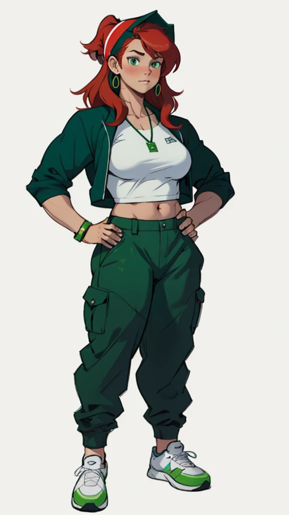 European and American cartoon characters, design de personagem original, hand-drawn sketches, 1 girl, standing alone, jewerly, bonnet, aretes, pants, ha, へそ, shoe, tummy, long hair, breastsout, hand on hip, White background, hoop aretes, top cut, green pants, whole body, blush, simple background, tennis, chestnut hair, medium breastsout, regatta, Red hair, baggy pants, neckleace 