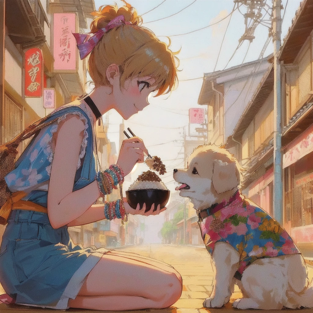 Anime girl feeding a dog on the street with rice topped with natto, smile,praise girl, praise art, praise artstyle, praise, 80s anime style 4k, summer,80's Town,Showa Town,Japanese art style, Anime-style illustrations, Cute and detailed artwork, praise vibes, Beautiful and detailed anime art, Cute art style, , Realistic Anime 3D Style, Anime-style artwork, Japanese manga style