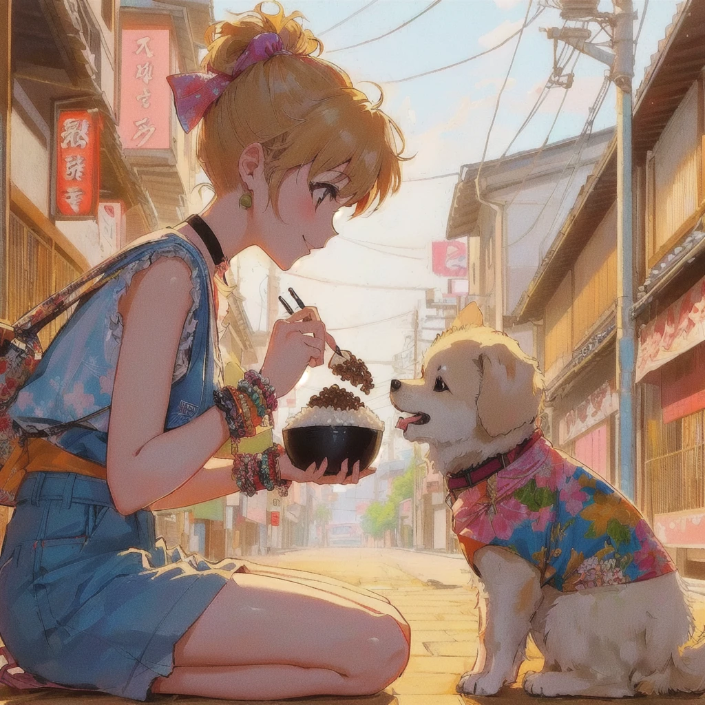 Anime girl feeding a dog on the street with rice topped with natto, smile,praise girl, praise art, praise artstyle, praise, 80s anime style 4k, summer,80's Town,Showa Town,Japanese art style, Anime-style illustrations, Cute and detailed artwork, praise vibes, Beautiful and detailed anime art, Cute art style, , Realistic Anime 3D Style, Anime-style artwork, Japanese manga style