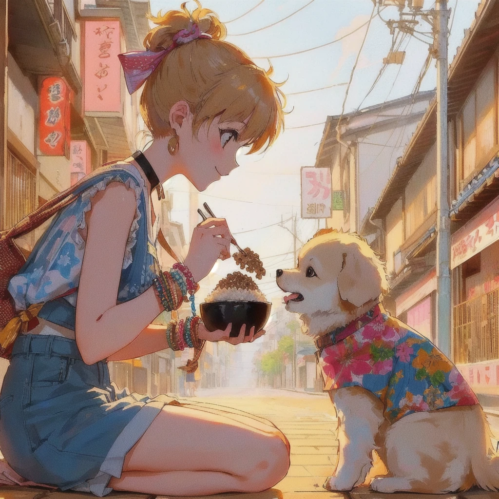 Anime girl feeding a dog on the street with rice topped with natto, smile,praise girl, praise art, praise artstyle, praise, 80s anime style 4k, summer,80&#39;s Town,Showa Town,Japanese art style, Anime-style illustrations, Cute and detailed artwork, praise vibes, Beautiful and detailed anime art, Cute art style, , Realistic Anime 3D Style, Anime-style artwork, Japanese manga style