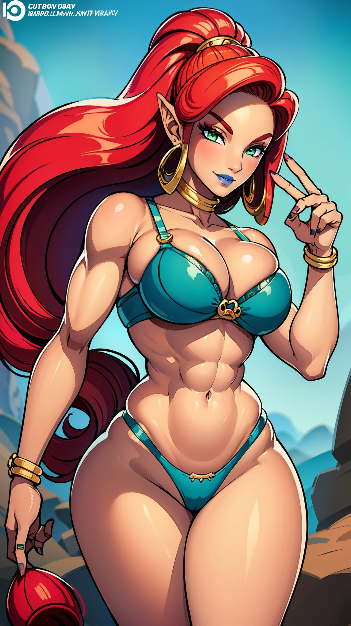 best quality, high resolution, large breasts, red hair, blush, smile, cowboy shot, looking at viewer, Urbosa, blue lip, Green eyes, (((sexy lingerie)))