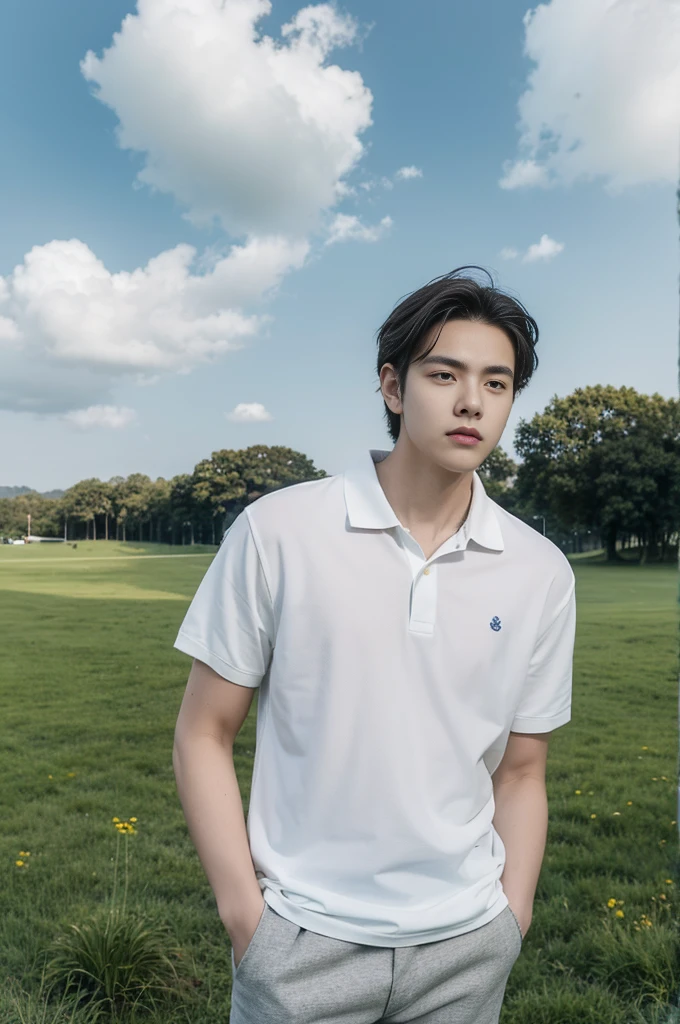 Young man in a white polo shirt Standing on the edge of the meadow with an expression on his face, looking into the distance Turn your head slightly.,Cloudy day, coffee shop