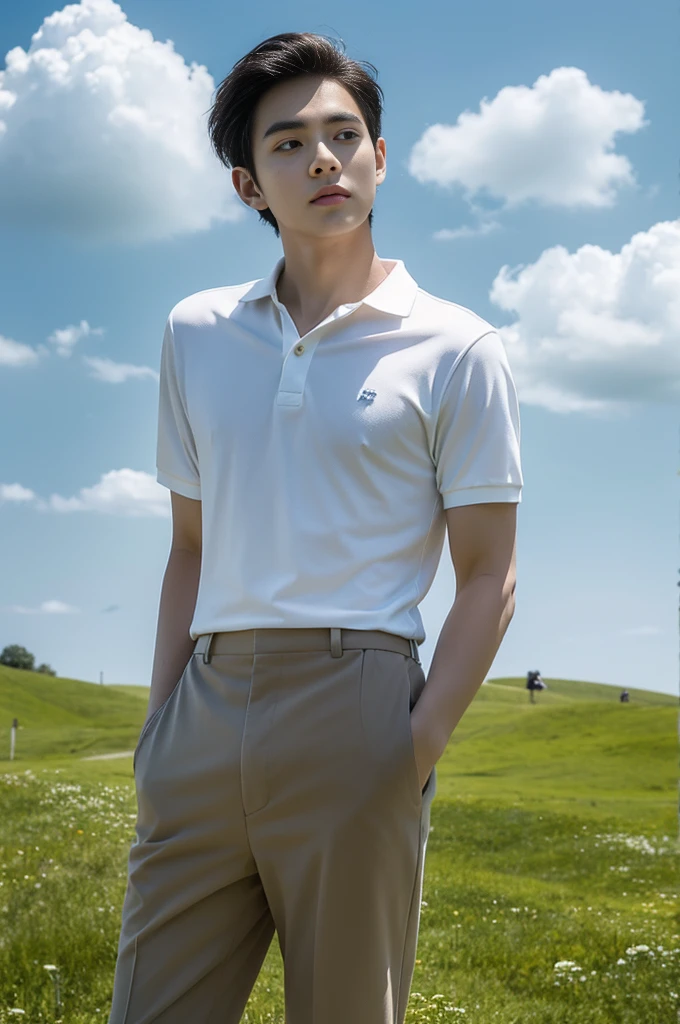 Young man in a white polo shirt Standing on the edge of the meadow with an expression on his face, looking into the distance Turn your head slightly.,Cloudy day, coffee shop