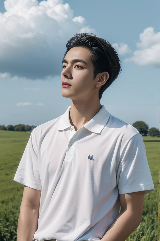 Young man in a white polo shirt Standing on the edge of the meadow with an expression on his face, looking into the distance Turn your head slightly.，Cloudy day, coffee shop