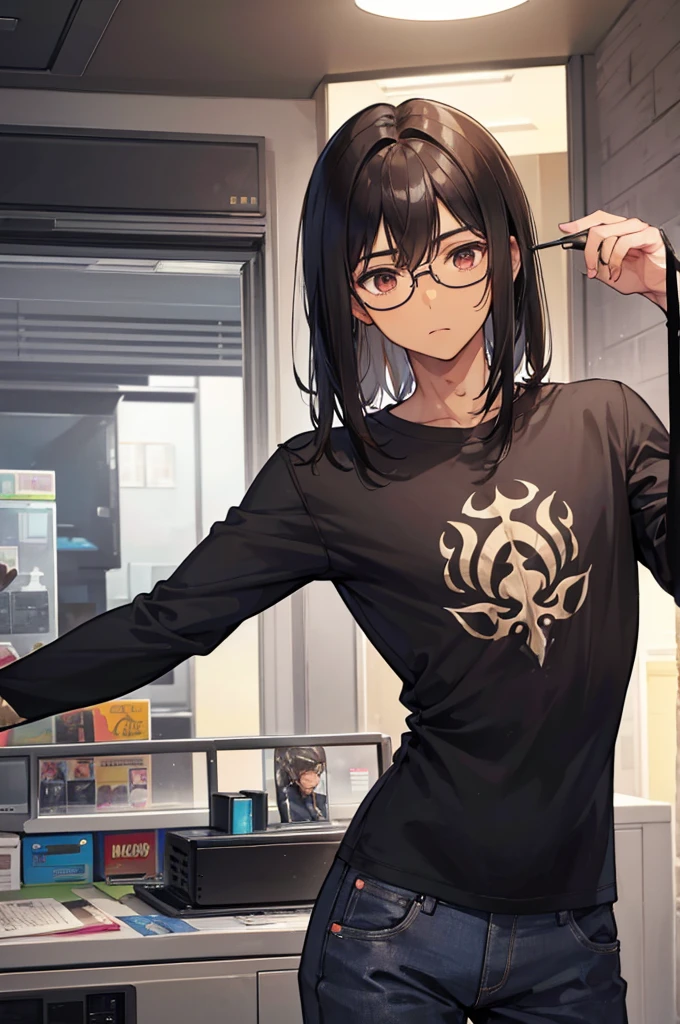1 MALE WITH PERFECTLY ROUND GLASSES, LIFGT BROWN SKIN TONE, SKINNY BODY, SOUTH ASIAN, BLACK HAIR, WOLFCUT HAIR, BANGS, HAIR DOWN, HAIR COVERING FOREHEAD, BLACK SHIRT, GAMER, LONG SLEEVE