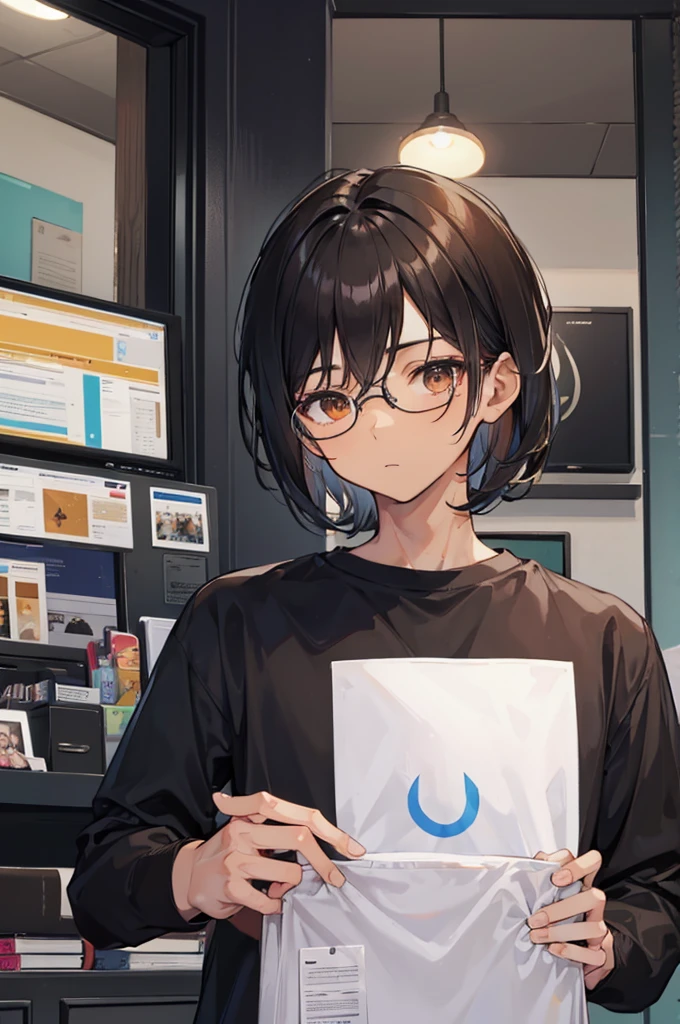 1 MALE WITH PERFECTLY ROUND GLASSES, LIFGT BROWN SKIN TONE, SKINNY BODY, SOUTH ASIAN, BLACK HAIR, WOLFCUT HAIR, BANGS, HAIR DOWN, HAIR COVERING FOREHEAD, BLACK SHIRT, GAMER, LONG SLEEVE