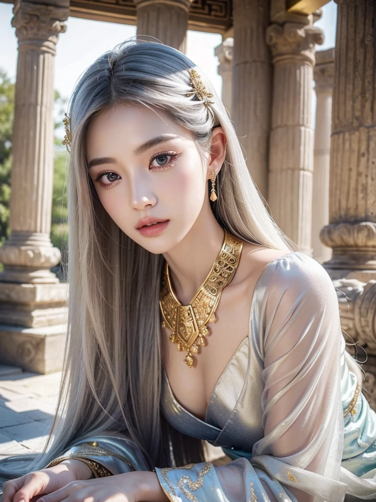 1girl, beautiful detailed eyes, beautiful detailed lips, extremely detailed eyes and face, long eyelashes, silver hair, pale skin, flawless skin, ornaments, ancient temple, dramatic lighting, ethereal, elegant, serene, vibrant colors, glowing skin, delicate features, intricate details, (best quality,8K,highres,masterpiece:1.2),ultra-detailed,(realistic,photorealistic,photo-realistic:1.37), Korean national costume, golden ornaments, ancient ruins, ancient creature