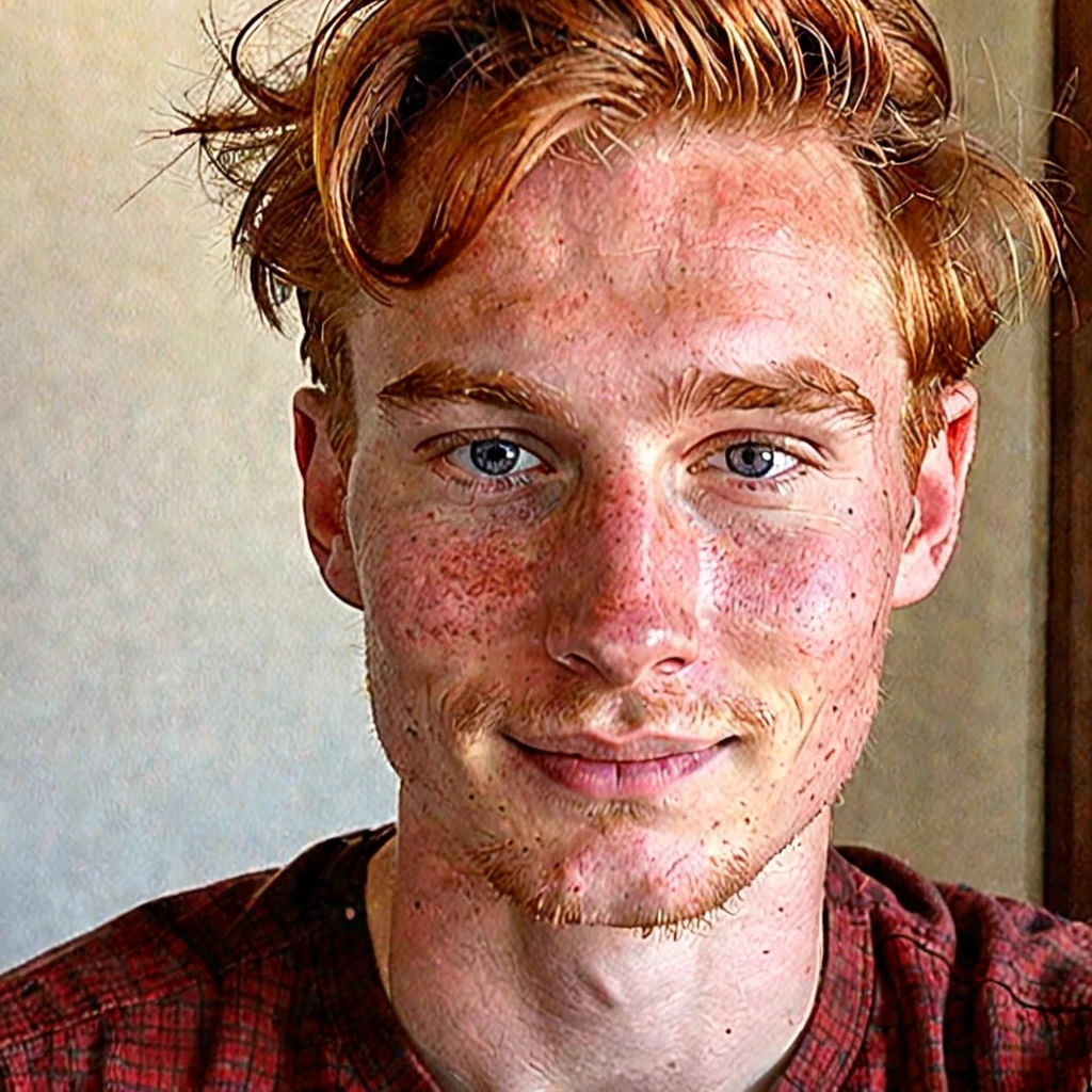 a selfie of a man, has an angular face with a strong, well-defined jawline. His skin is fair, with freckles scattered across his nose and cheeks, typical of someone with red hair. His hair is a vibrant red, slightly wavy and thick, cut short on the sides and a bit longer on top, where he usually styles it back or to the side. His eyebrows are thick and a darker shade of red, well-aligned and arched. His eyes are blue, with a deep and captivating hue, almond-shaped, surrounded by short, light-colored eyelashes. His gaze is penetrating and confident. His nose is straight and proportionate to his face, with a slightly elevated bridge. His lips are medium-sized, with a defined contour and a natural rosy color. When he smiles, he reveals white, well-aligned teeth, and a smile that conveys warmth and friendliness. His ears are medium-sized, slightly set away from his head, with small, discreet lobes. His skin has a smooth texture but is sensitive, prone to redness and sunburn. He usually maintains a short, well-groomed beard, the same red color as his hair, which further highlights the freckles on his face. In terms of clothing, he prefers a casual style, often wearing flannel shirts, jeans, and boots, which match his rugged and practical appearance. A thin, discreet scar crosses his left cheek, adding a touch of history and mystery to his appearance. He generally uses little or no makeup but takes good care of his skin with moisturizing products to prevent dryness