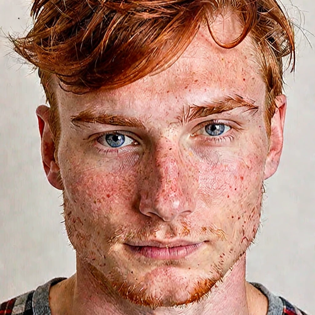 a selfie of a man, has an angular face with a strong, well-defined jawline. His skin is fair, with freckles scattered across his nose and cheeks, typical of someone with red hair. His hair is a vibrant red, slightly wavy and thick, cut short on the sides and a bit longer on top, where he usually styles it back or to the side. His eyebrows are thick and a darker shade of red, well-aligned and arched. His eyes are blue, with a deep and captivating hue, almond-shaped, surrounded by short, light-colored eyelashes. His gaze is penetrating and confident. His nose is straight and proportionate to his face, with a slightly elevated bridge. His lips are medium-sized, with a defined contour and a natural rosy color. When he smiles, he reveals white, well-aligned teeth, and a smile that conveys warmth and friendliness. His ears are medium-sized, slightly set away from his head, with small, discreet lobes. His skin has a smooth texture but is sensitive, prone to redness and sunburn. He usually maintains a short, well-groomed beard, the same red color as his hair, which further highlights the freckles on his face. In terms of clothing, he prefers a casual style, often wearing flannel shirts, jeans, and boots, which match his rugged and practical appearance. A thin, discreet scar crosses his left cheek, adding a touch of history and mystery to his appearance. He generally uses little or no makeup but takes good care of his skin with moisturizing products to prevent dryness