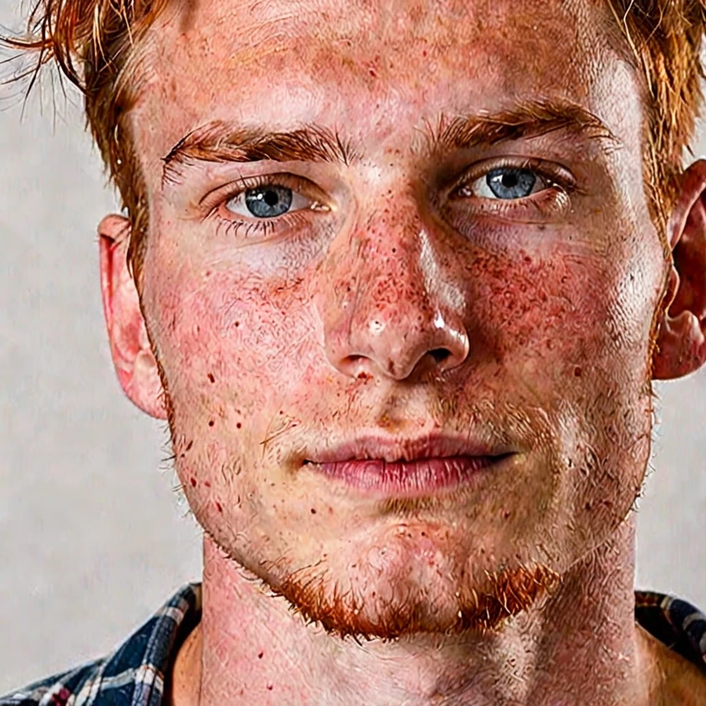 a selfie of a man, has an angular face with a strong, well-defined jawline. His skin is fair, with freckles scattered across his nose and cheeks, typical of someone with red hair. His hair is a vibrant red, slightly wavy and thick, cut short on the sides and a bit longer on top, where he usually styles it back or to the side. His eyebrows are thick and a darker shade of red, well-aligned and arched. His eyes are blue, with a deep and captivating hue, almond-shaped, surrounded by short, light-colored eyelashes. His gaze is penetrating and confident. His nose is straight and proportionate to his face, with a slightly elevated bridge. His lips are medium-sized, with a defined contour and a natural rosy color. When he smiles, he reveals white, well-aligned teeth, and a smile that conveys warmth and friendliness. His ears are medium-sized, slightly set away from his head, with small, discreet lobes. His skin has a smooth texture but is sensitive, prone to redness and sunburn. He usually maintains a short, well-groomed beard, the same red color as his hair, which further highlights the freckles on his face. In terms of clothing, he prefers a casual style, often wearing flannel shirts, jeans, and boots, which match his rugged and practical appearance. A thin, discreet scar crosses his left cheek, adding a touch of history and mystery to his appearance. He generally uses little or no makeup but takes good care of his skin with moisturizing products to prevent dryness