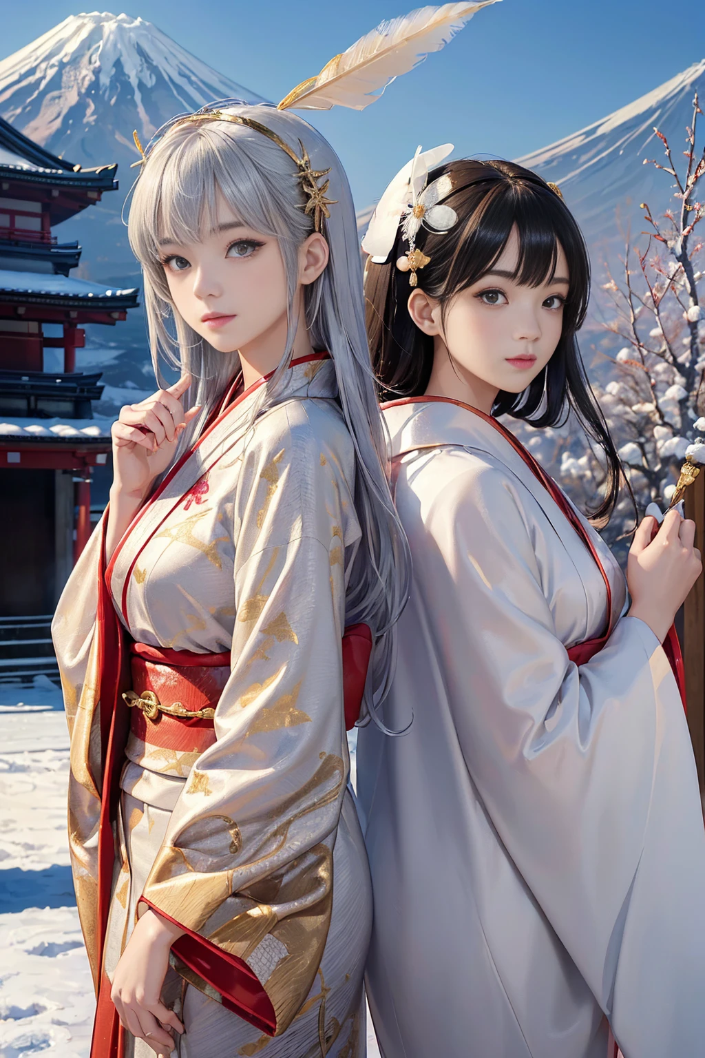 ((8K, RAW Photos, Highest quality, masterpiece)),((Showing the kimono from the obi up：1.5)), High-resolution RAW color photos、

Professional close-up photography, (Realistic, フォトrealism: 1.37), 

(Highest quality), (Best Shadow), (Best illustrations),

High-quality images、Skin Radiance、Texture of skin and clothing、

Expression of fine eyes、Shiny Hair,Long Hair Girl, Manga inspired by Lee Jong-suk, 

Trending on deviantart, realism, detailed manga style, Manga art style,

Perfect Line Drawing, Beautiful line art, digital manga art girl, K-POPアイドル,

 Beautiful brown eyes, Fuller lips, Gorgeous face with attention to detail, 

(Cute Smile), attractive, Innocent, (Perfectly detailed face), 

(Detailed and carefully drawn hand) Photorealistic images, Written boundary depth, 

(Japanese style princess cut hairstyle:1.5), 

best quality, masterpiece, New Year, 

((Kimono with strikingly beautiful colorful colors, red, Silver, gold:1.7)), 

Three Japanese high-school cute girls, ((looking straight:1.5)), 

gently smiling, 

((upper arms hidden by clothes and hair:1.5)),

(innocent and pure high-school-girls:1.7)

((white short scarf:1.2)), ((white feather shawl:1.2)), 

(separately side by side:1.5), 

shrine background, (mount Fuji:1.3), ((snow))

winter(season), (outdoors:1.5)
