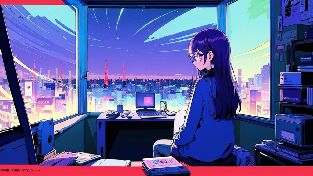 (from behind), Anime girl sitting in front of a computer in a cozy bedroom, Girl listening to music while studying in a cozy room (night), round glasses, Using headphones, on the roof, (beautiful night views from windows), lots of things, 2D anime style, The aesthetics of anime in the 90s, lo-fi,  long hair, very detailed, Hard disk, A mix of anime style and Fujifilm, surreal, 8K, masterpiece, violet eyes,black gloves, round glasses, long sleeves,violet hair, Flat Chest, smile, pantyhose