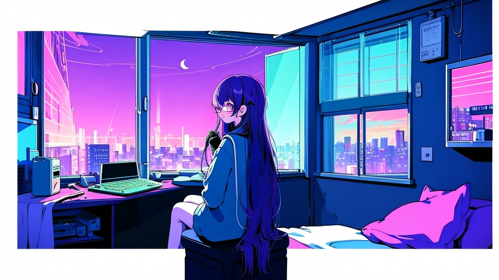 (from behind), Anime girl sitting in front of a computer in a cozy bedroom, Girl listening to music while studying in a cozy room (night), round glasses, Using headphones, on the roof, (beautiful night views from windows), lots of things, 2D anime style, The aesthetics of anime in the 90s, lo-fi, long hair, very detailed, Hard disk, A mix of anime style and Fujifilm, surreal, 8K, masterpiece, violet eyes,black gloves, round glasses, long sleeves,violet hair, Flat Chest, smile, pantyhose