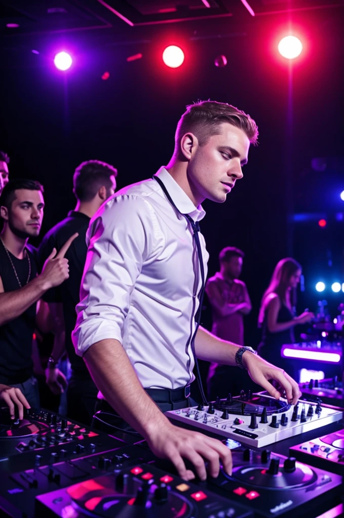 White male DJ in nightclub in front of many people