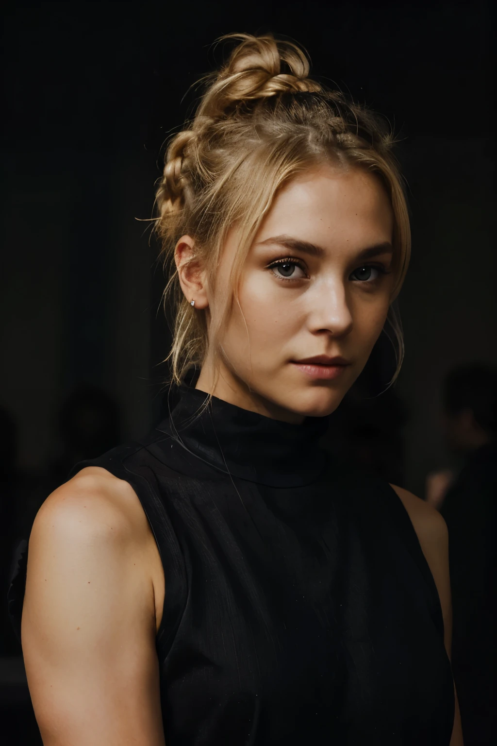 an eye contact of a blond with bun hair and dark theme