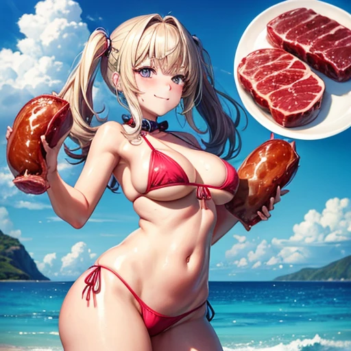 Girl in a micro bikini frying bear meat　　