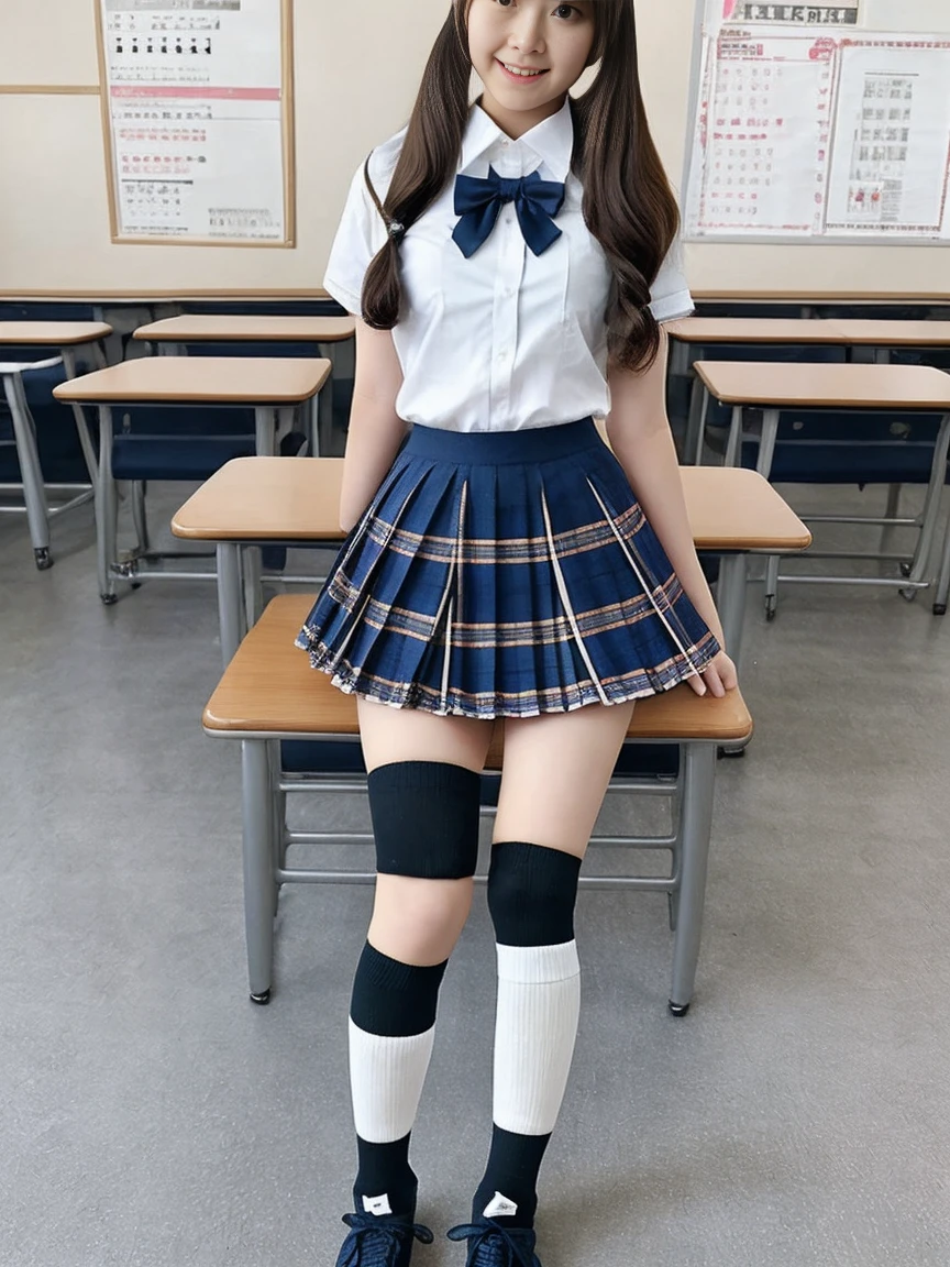 uhd,nsfw,best quality, White shirt,masterpiece, ultra high res, (photorealistic:1.4), RAW photo,13yo,One Japanese girl,cute:1.3,Realistic high school girls,Trend Hair Color,Trendy hair for high school girls,short (of a person),embarrassed:1.4,High School Girl Makeup,cute idol:1.5,large breast,Perfect body shape,indoors,low angle full body shot:1.5 ,Realistic high school girls' clothes,Black sneakers, Navy blue blazer,Background classroom,,Taken from directly below:1.6,,spread legs:1.5, show panty:1.7、lift up skirt:1.3,Detailed realistic,High school,Sit on a chair,。Ultra-detailed Tartan check mini skirt:1.5、(Accurate exposed skin、knee socks),Online shopping,looking at the camera、The cutest high school girl in Japan