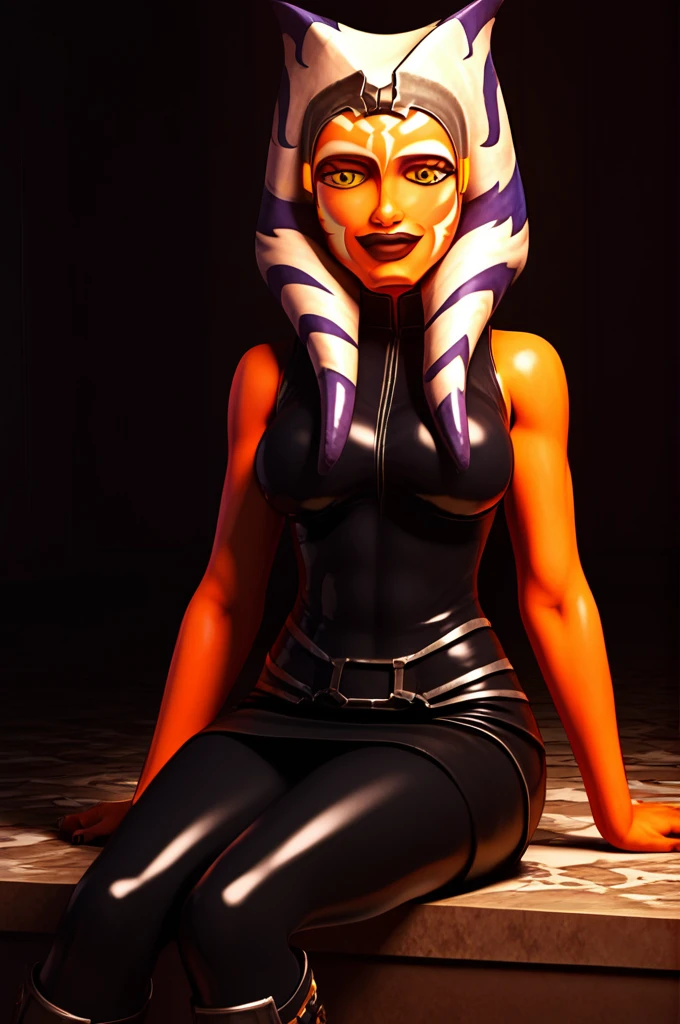 score_9, score_8_up, score_7_up, score_6_up, score_5_up, score_4_up, AhsokaTanoXL, yellow eyes, tentacle hair, orange skin, colored skin, facial mark, large breasts, black latex dress, skirt, black pants, bare shoulders, guantlets, hip armor, skirt,black pants, black boots, solo, sitting, seductive smile, looking at viewer, indoors 