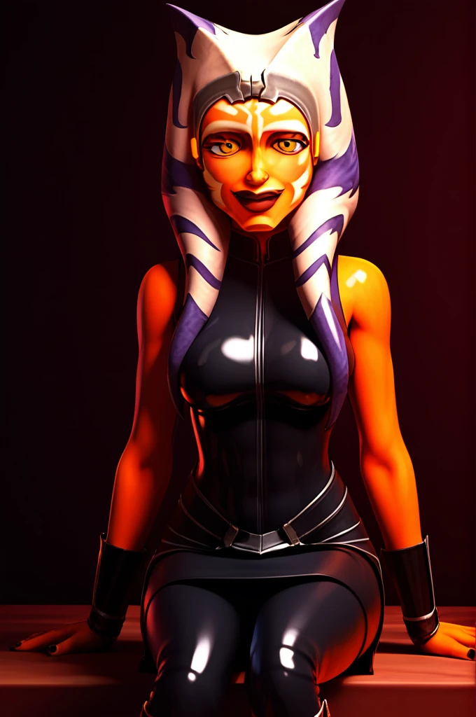 score_9, score_8_up, score_7_up, score_6_up, score_5_up, score_4_up, AhsokaTanoXL, yellow eyes, tentacle hair, orange skin, colored skin, facial mark, large breasts, black latex dress, skirt, black pants, bare shoulders, guantlets, hip armor, skirt,black pants, black boots, solo, sitting, seductive smile, looking at viewer, indoors 