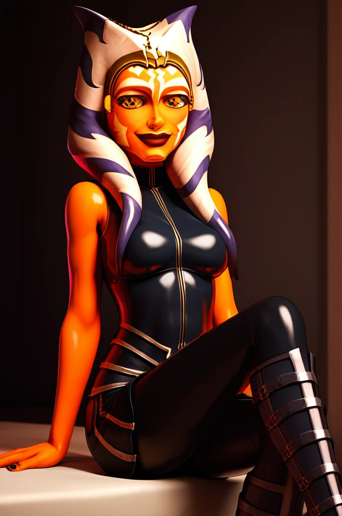 score_9, score_8_up, score_7_up, score_6_up, score_5_up, score_4_up, AhsokaTanoXL, yellow eyes, tentacle hair, orange skin, colored skin, facial mark, large breasts, black latex dress, skirt, black pants, bare shoulders, guantlets, hip armor, skirt,black pants, black boots, solo, sitting, seductive smile, looking at viewer, indoors 