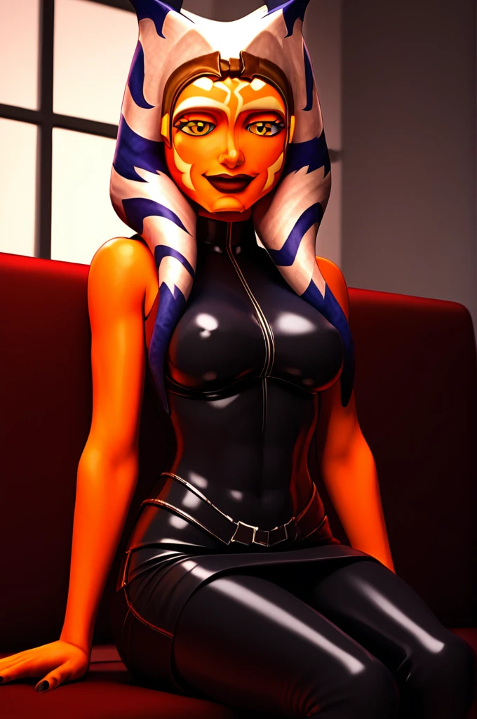 score_9, score_8_up, score_7_up, score_6_up, score_5_up, score_4_up, AhsokaTanoXL, yellow eyes, tentacle hair, orange skin, colored skin, facial mark, large breasts, black latex dress, skirt, black pants, bare shoulders, guantlets, hip armor, skirt,black pants, black boots, solo, sitting, seductive smile, looking at viewer, indoors