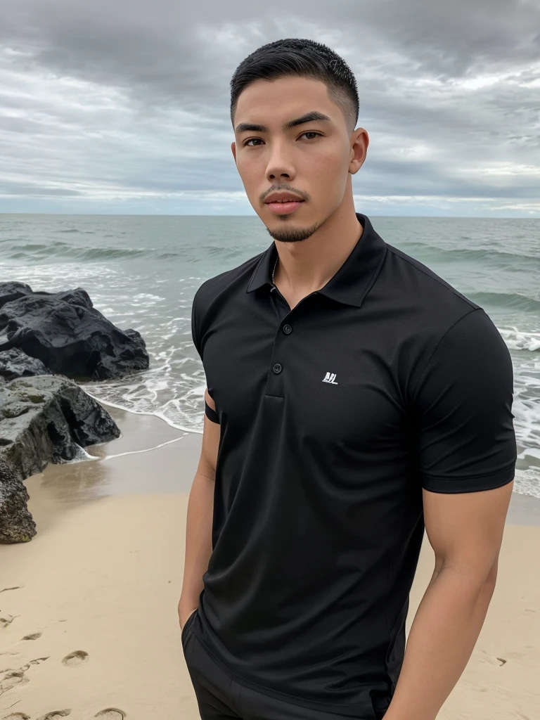 Tony Labrusca, Young man in a black polo shirt Standing by the sea with an expression, looking into the distance Turn your head slightly.，Cloudy day, 