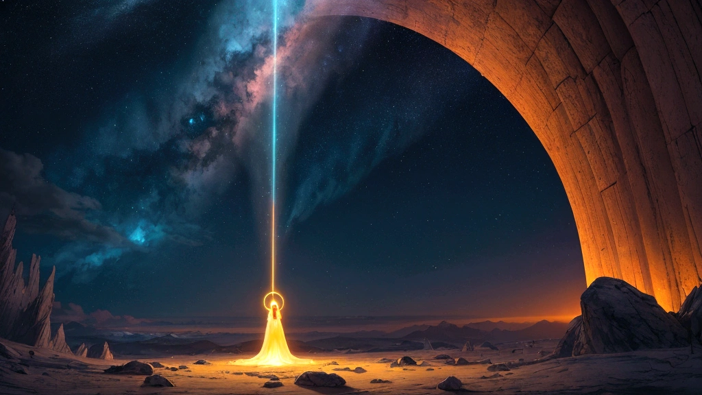 "Description: Illustrate a dramatic scene of an individual experiencing a near-death encounter. Show them surrounded by a radiant, otherworldly light and glimpsing a celestial landscape or heavenly figures welcoming them.
Details: Use bright, radiant colors to depict the heavenly light and ethereal ambiance. Include elements like a tunnel of light, angelic figures, and serene landscapes to represent Heaven. This visual should convey the awe and peace often reported in near-death experiences."
