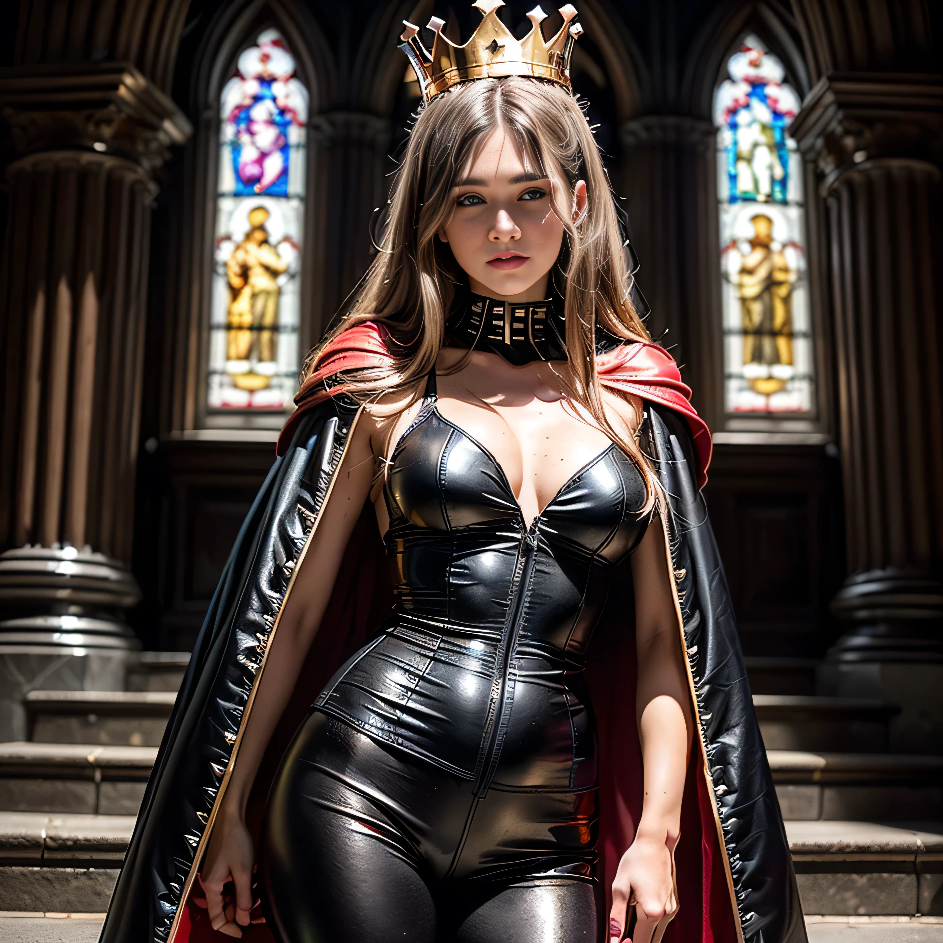 ((masterpiece, photorealistic:1.4, extremely intricate:1.3, photon mapping, radiosity, physically based rendering, ultra resolution, hyper-realistic, photorealistic:1.4, hyper-realistic, 8K)), ((solo athletic age supermodel, (satisfied, serious, aloof, [large breasts:medium breasts:0.5], (black silk vest, topless, red leather leggings, red gold silk cape, playful, spiked black chrome crown), straight hair [blonde hair:dark hair:0.5], [skin detail:freckles:0.7]))), fujicolor, she is standing at the top of ((stone stairs)) in a medieval church with chrome windows
