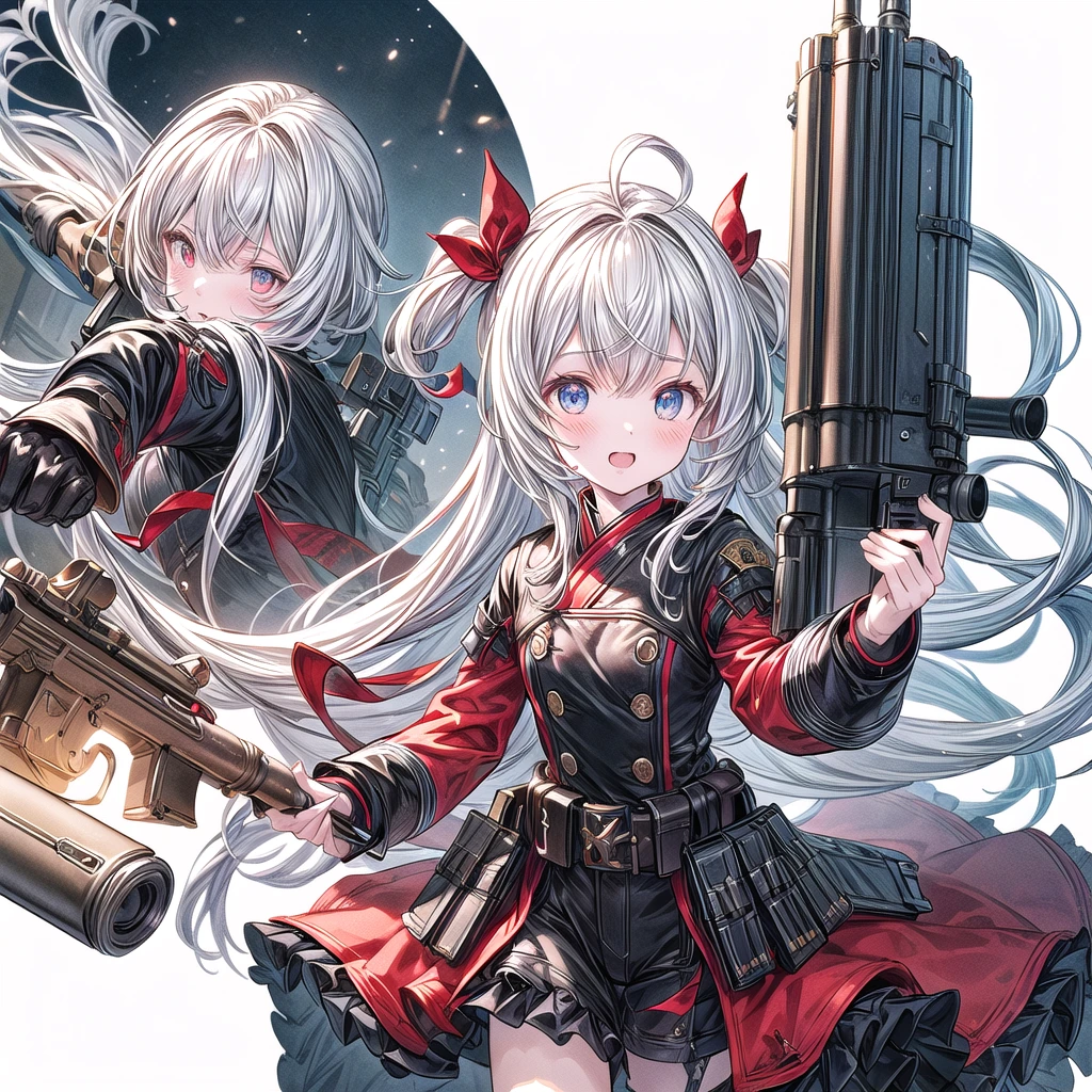 One girl、Dynamic configuration、[17277fbe68],threatened hideo、high quality、Maximum details、(((最high quality、最高masterpiece、Official Art、最高のDynamic configuration)))、(Thin Hair)、(Tabletop, 最high quality), Very detailed, Anime Style, Concept Art、whole body, (masterpiece), 最high quality, Fantasy art,whole body、masterpiece、最high quality、(colorful)、（Beautifully detailed eyes and face）、Cinema Lighting、Extremely detailed CG、Super huge、whole body、wallpaper、Uniforms with weapons in Wonderland, (((Everybody wears black and red ))), Ammunition belt, gun, machine gun, gatling gun, hand gun,weapons,Barren Land、White Background、