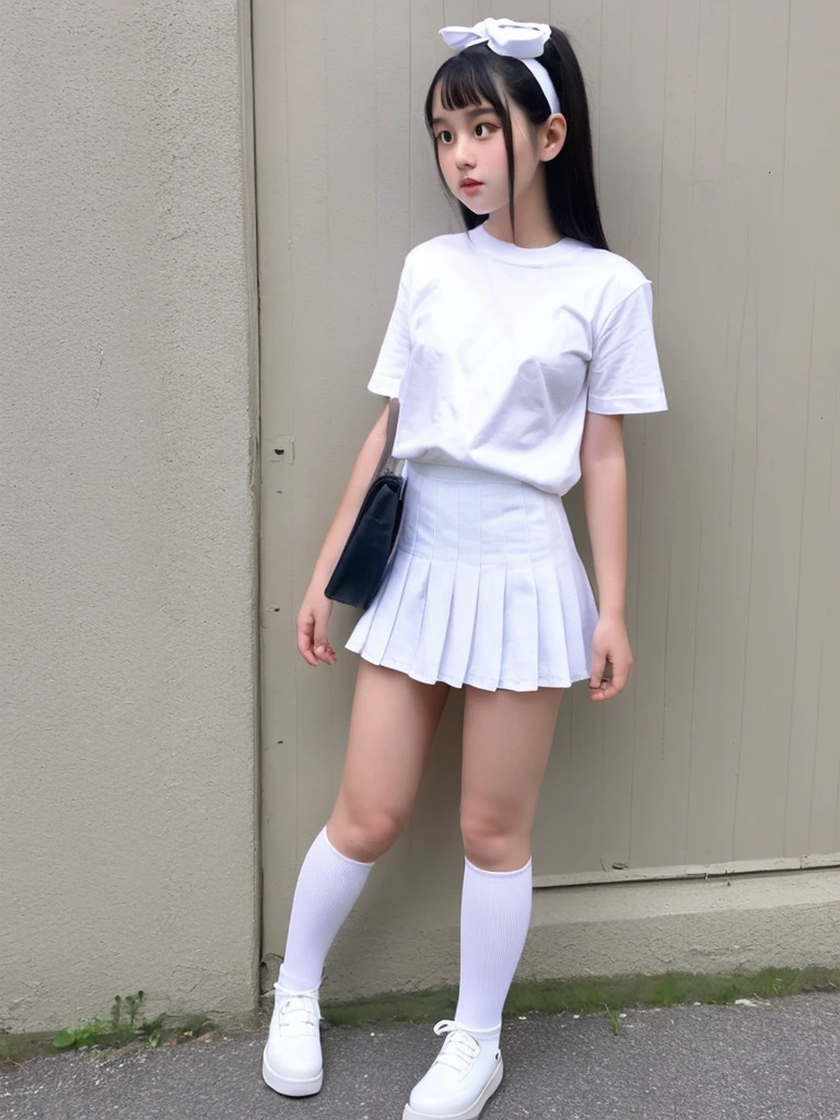 A woman wearing white knee-high socks、White T-shirt、White mini skirt、Japanese、Standing posture、The whole body is in it、Highest quality、Looking this way、15 years old