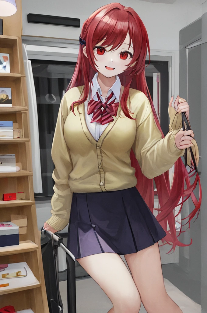 (The ultimate masterpiece), (Ultra HD), (Ultra-fine), High resolution, Ultimate beauty, High chroma, vivid,Girl,(pretty girl), Thighs, (cardigan), (skirt), Super Smile, Red hair,ショートBob，(Bob),Red Eyes ,Small breasts, Cute room，put one&#39;s hand between one&#39;s thighs