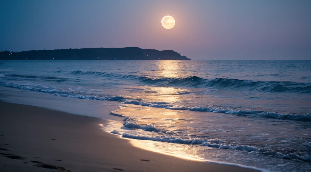 8K,Real、Moon over the Sea,slowly rise,Grow with the trends,Illuminating the sea at night。The moonlight shines on the waves,Silver layer of light,Like the sounds of countless heartbeats,Played a quiet nocturne。The sea breeze is gentle,With the freshness of seawater,Intertwined with the moonlight,Creates an atmosphere of tranquility and mystery。on the beach under the moonlight,The heart is purified,All sorrows ebb and flow with the tides.々disappear into,Only silence and peace remain。