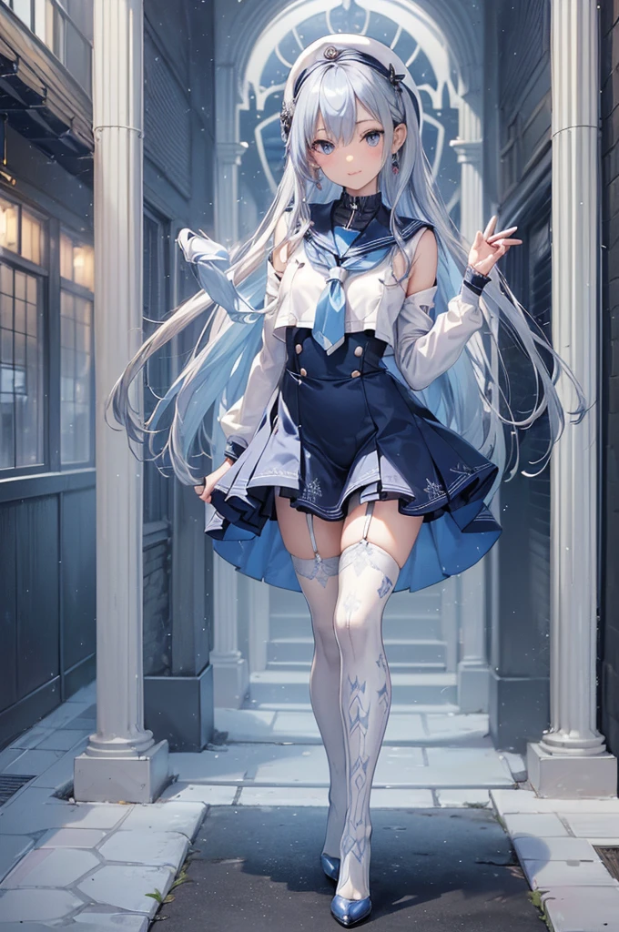 ((Biologically correct limb count)),(( From head to toe,Full-body photo including face)),4K,((Standing position)),masterpiece,((Focus on the face)),((Symmetrical facial features)),Eyes with detailed description,Beautiful woman,Great style,Beautiful arms,Beautiful legs,Beautiful Hands,(Small Ass,Thin thighs),Facial detailing,Small earrings,necklace,(Sailor suit,mini skirt((High heels,Patterned stockings))),((Standing in front of the school building and looking up)),Silk gloves,(((Blue and silver hair))),Realistic photo