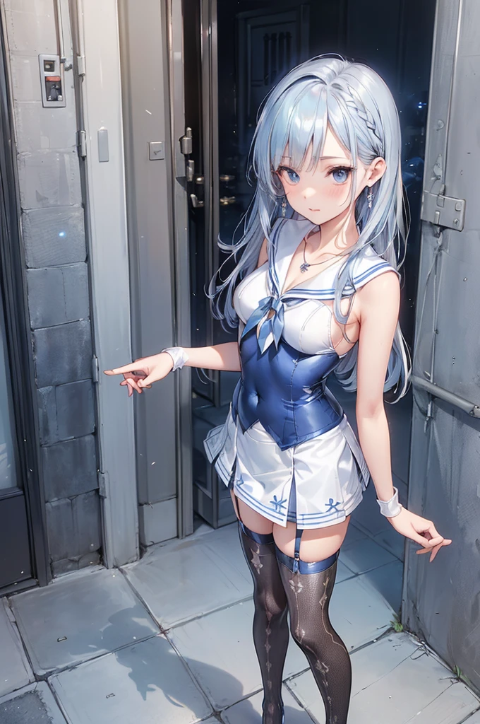 ((Biologically correct limb count)),(( From head to toe,Full-body photo including face)),4K,((Standing position)),masterpiece,((Focus on the face)),((Symmetrical facial features)),Eyes with detailed description,Beautiful woman,Great style,Beautiful arms,Beautiful legs,Beautiful Hands,(Small Ass,Thin thighs),Facial detailing,Small earrings,necklace,(Sailor suit,mini skirt((High heels,Patterned stockings))),((Standing in front of the school building and looking up)),Silk gloves,(((Blue and silver hair))),Realistic photo