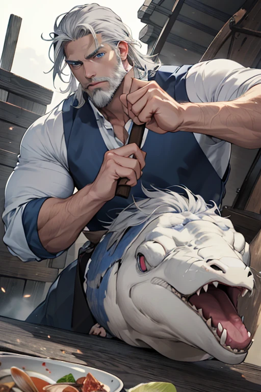 Viking-liked, middle-aged, long grey hair, grey beard, strong, clam, blue eyes, handsome man, white shirt, anime style.