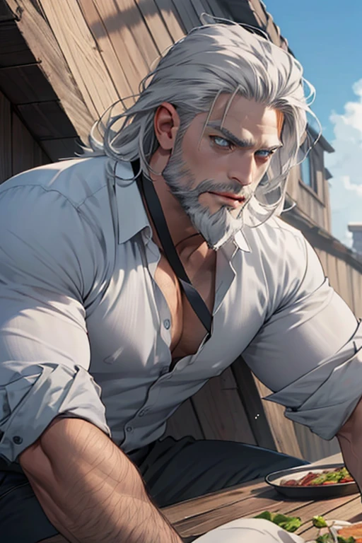 Viking-liked, middle-aged, long grey hair, grey beard, strong, clam, blue eyes, handsome man, white shirt, anime style.