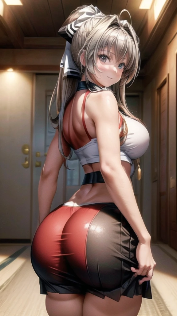 high resolution, ultra-sharp, 8k, Masterpiece, Sento Isuzu, looking at the viewer, Photography from behind, thick ass, Wearing white thong, seductive smile, beautiful face, ashamed,sticking out ass