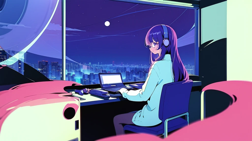 (from behind), Anime girl sitting in front of a computer in a cozy bedroom, Girl listening to music while studying in a cozy room (night), round glasses, Using headphones, on the roof, (beautiful night views from windows), lots of things, 2D anime style, The aesthetics of anime in the 90s, lo-fi,  long hair, very detailed, Hard disk, A mix of anime style and Fujifilm, surreal, 8K, masterpiece, violet eyes,black gloves, round glasses, long sleeves,violet hair, Flat Chest, smile, pantyhose