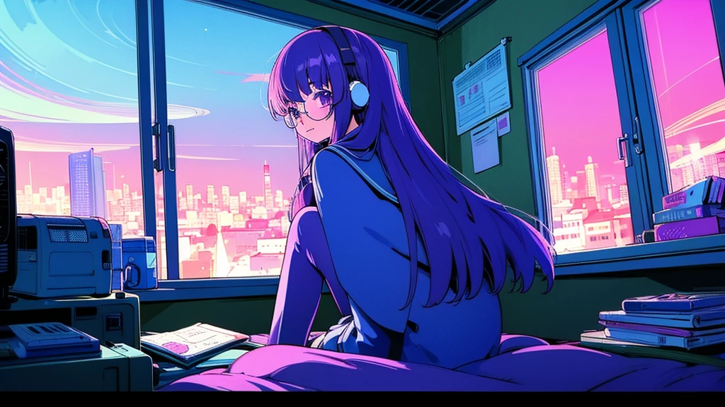 (from behind), Anime girl sitting in front of a computer in a cozy bedroom, Girl listening to music while studying in a cozy room (night), round glasses, Using headphones, on the roof, (beautiful night views from windows), lots of things, 2D anime style, The aesthetics of anime in the 90s, lo-fi,  long hair, very detailed, Hard disk, A mix of anime style and Fujifilm, surreal, 8K, masterpiece, violet eyes,black gloves, round glasses, long sleeves,violet hair, Flat Chest, smile, pantyhose