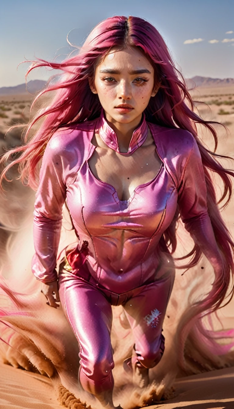 high-speed camera captures a young woman riding a pink horse running very fast in the desert, her long hair is raised, dust is scattered as a result of the speed of the wind, her face is tense, her eyes are sharp, her eyes are looking straight ahead, her body is slightly bent, closeup, afternoon, sunset with a desert background sand,ultra realistic,gothic colors,cenematic,ultra hd 4k
