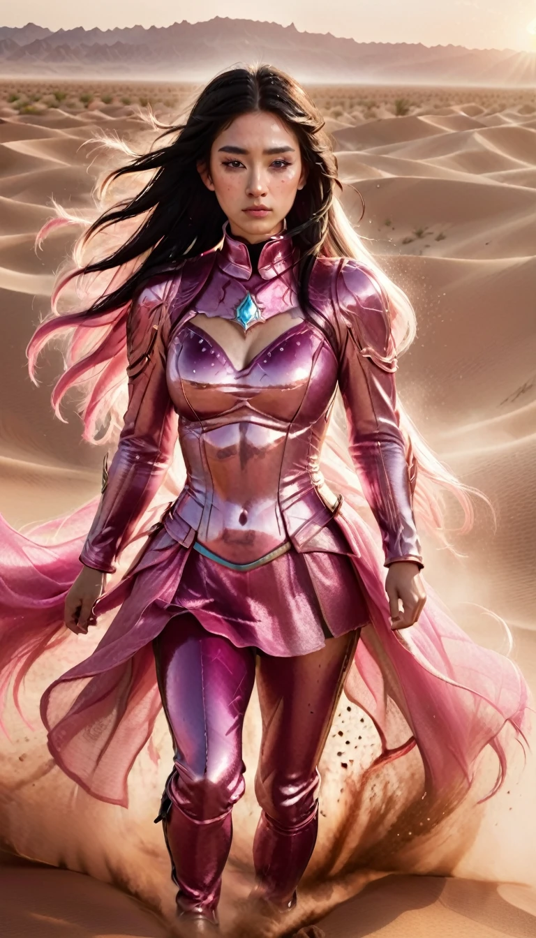 high-speed camera captures a young woman riding a pink horse running very fast in the desert, her long hair is raised, dust is scattered as a result of the speed of the wind, her face is tense, her eyes are sharp, her eyes are looking straight ahead, her body is slightly bent, closeup, afternoon, sunset with a desert background sand,ultra realistic,gothic colors,cenematic,ultra hd 4k