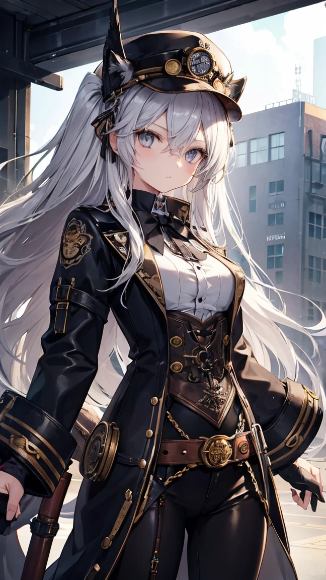 High resolution、Girl、Silver Hair、Long Hair,(),Lion ears、Grey Eyes、Slender、Toned body,steampunk,goggles,hat,Tattoo,