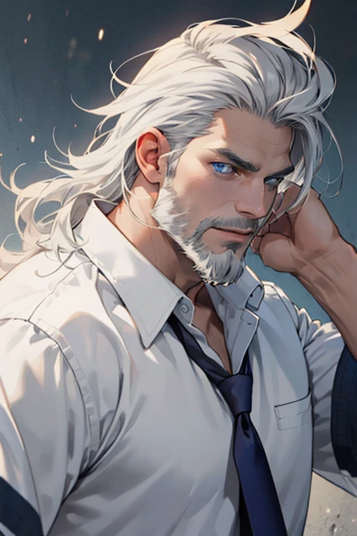 Viking-liked, middle-aged, long grey hair, grey beard, strong, clam, blue eyes, handsome man, white shirt, anime style.