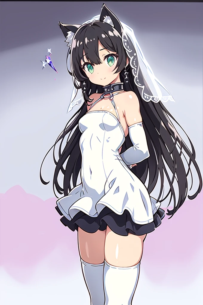 1girl,solo,(cowboy shot),standing,(black hair:1.4),long hair,(cat ears:1.2),(green eyes:1.2),(black rugged collar),(beautiful fingers:1.4),(perfect anatomy:1.4),(arms_behind_back:1.6),(cold_shoulder:1.2),(pure white silk lace glossy lamé wedding dress:1.6),(latex luster shiny glossy metallic:1.6),(shiny_clothes:1.6),medium breasts,beautiful breasts,masterpiece,best quality,(Ultra high definition eyes:1.2),8k,(Beautiful detailed eyes:1.2),(Fine and beautiful eyes:1.2),(pretty eyes:1.2),finely detail,extremely CG, absurdres,high resolution,illustration,Detailed and beautiful outlines,finely detail,high resolution,(colorful refraction:1.4,Increase saturation:1.2),beautiful lighting,dynamic lighting,closed room,black background,simple background, smile,looking at viewer,Rem Galleu,(pure white wedding gloves:1.4),(pure white thigh boots:1.4)