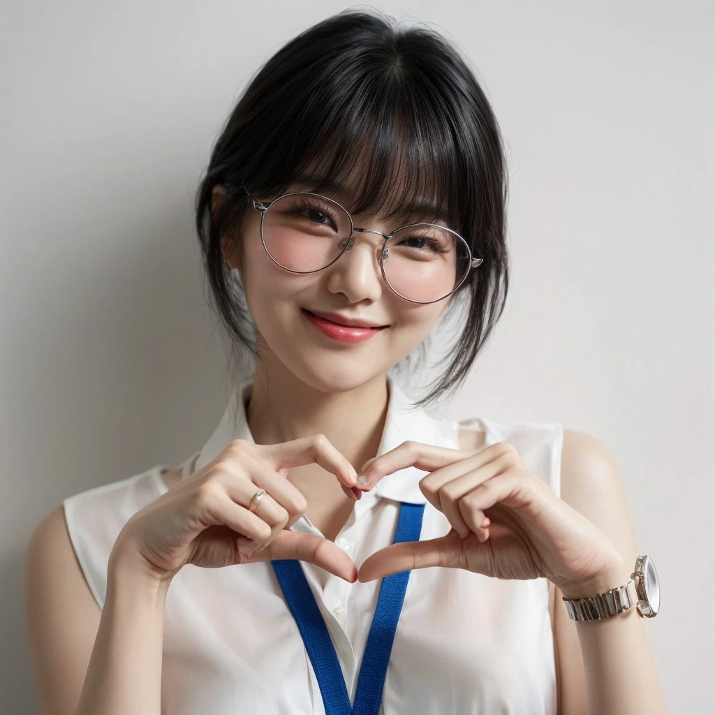A korean female with medium black hair wearing large glasses is forming a heart shape with their hands. They are dressed in a sleeveless white blouse and have a blue lanyard around their neck. The expression is cheerful, with a smile and a wink. The background is clean and minimalistic with a white wall.